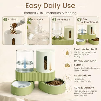 Gravity Cat Feeder 2 Pack Automatic Food Feeder and Water Dispenser Set Detachable Pet Bowl with Silicone Mat for Cats Small Medium Dogs, Large Capacity(Green) - color: Green-With mat