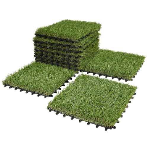 XLX TURF Artificial Grass Turf Tiles Interlocking Set 12 Pieces, Square Fake Grass Tiles Self-draining for Pet Indoor/Outdoor Flooring Decor, 12"x12", 8 Buckle Systerm - color: 8 Buckle Lock Tile-Green, size: 12"x12"/12 Piece