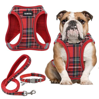 GAMUDA Small Dog Harness Collar and Leash Set, Step in No Chock No Pull Soft Mesh Adjustable Dog Vest Harnesses Plaid Reflective for Dogs Puppy Cats Kitten Rabbit (Red, XL) - color: Red, size: XL