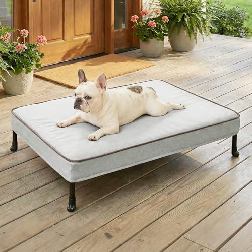 Veehoo Elevated Dog Bed with Waterproof Cushion Mat, Cooling Raised Dog Beds with Padded Top, Washable Outdoor Dog Bed, Orthopedic Pet Cot for Indoor & Outdoor, Medium Dog Bed 32" x 25", Dark Grey - size: 31.9"L x 25.2"W x 7.1"Th