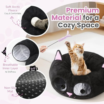 Cat Tunnel Bed for Indoor Cats, Peekaboo Cat Cave with Washable Soft Play Mat, Furry Cat Tube, for Kitten/Puppy/Rabbit, Kitten Series Black Pink - color: Black Pink