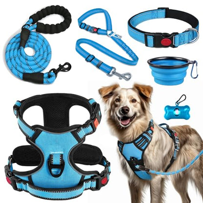 LOBEVE No Pull Dog Harness, Collar & Leash Set | Includes Dog Seat Belt, Collapsible Bowls & Poop Bag Dispenser. Ideal for Training, Walking, Hiking. Fits Small to Large Dogs(Blue-L) - color: Blue, size: Large