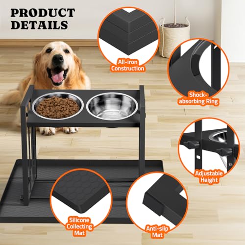 Elevated Dog Bowls for Medium Breed: 4 Height Adjustable Raised Dog Bowl with Metal Stand, Feeder Station with 2 Stainless Steel Bowls, Black with Feeding Mat - color: Grey+Mat