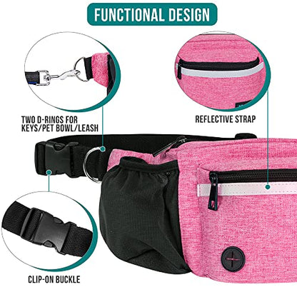 PetAmi Dog Fanny Pack, Treat Pouch for Dog Walking, Training, Built in Poop Bag Dispenser, Water Bottle Holder, Collapsible Bowl, Pet Treat Waist Belt for Hiking, Running, Kibbles (Pink) - color: Pink