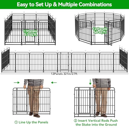 Kfvigoho Heavy Duty Dog Playpen: 12 Steel Panels 40" Height, Square Steel Pipe with Reinforced Crossbars, 27FT 57 Sq.ft Portable Fence for Yard RV Camping, Snowy Black - style: 27"W x 40"H