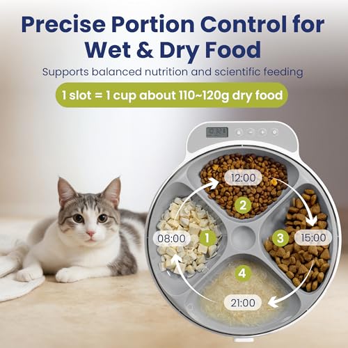 PawsPik Smart 4-Meal Automatic Pet Feeder – Programmable Timer for Wet & Dry Food, Cordless, with Ice Packs – Dog & Cat Feeder, White, 4-Cup Capacity