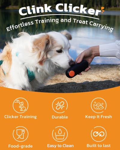 Clink Design 2-in-1 Puppy Essentials, Dog Training Clicker & Treat Carrier, Durable Food-Grade ABS, Treat Carrier with Desiccant Compartment, Compact & Lightweight Dog Stuff for Dogs - Black & Orange