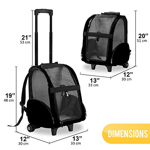 KOPEKS Deluxe Backpack Pet Travel Carrier with Double Wheels for Pets up to 10 Pounds - Black - Approved by Most Airlines - color: Black, size: 13.0"L x 12.0"W x 20.0"H