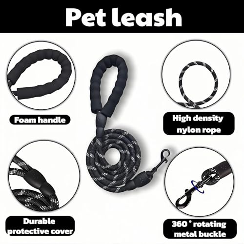 Heavy Duty Dog Leash, Black, High-Density Nylon Rope, 6 ft, Padded Foam Handle, Reflective, 360° Rotating Metal Buckle