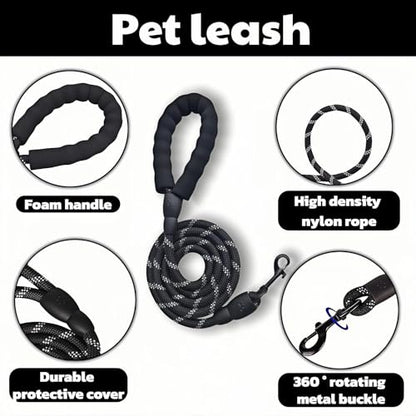 Heavy Duty Dog Leash, Black, High-Density Nylon Rope, 6 ft, Padded Foam Handle, Reflective, 360° Rotating Metal Buckle