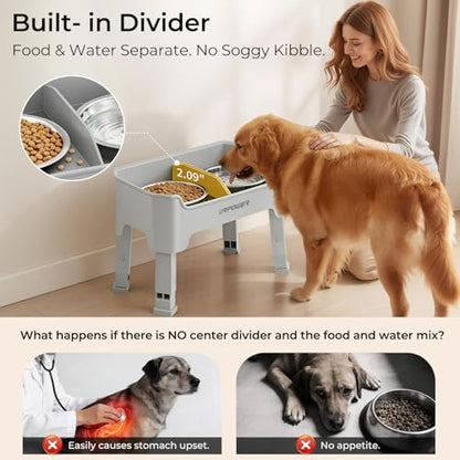 URPOWER Mess Proof Elevated Dog Bowls, High Wall Splash Guard Design, 4 Height Adjustable Raised Bowl Stand, 2 Stainless Steel Bowls, Non-Slip Food Water Set for Small Medium Large Dogs - color: Light Grey, size: Medium