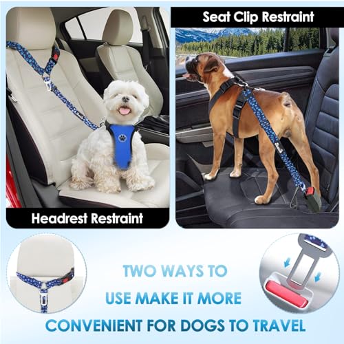 Lukovee Dog Seatbelt Leash for Cars, 2 Pack Pet Safety Car Seat Belt with Adjustable Buckle & Reflective Bungee, Connect Dog Harness in Vehicle Car Dogs Restraint Travel Daily Use (Blue Paw) - color: C-Blue Paw