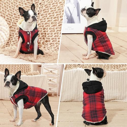 Vecomfy Fleece Lining Dog Hoodie for Small Dogs Extra Warm Plaid Sweater with Drawstring Hooded Coats in Winter Puppy Jacket,Red XS - color: Red Plaid, size: X-Small (Pack of 1)