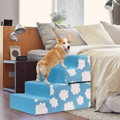 Pet Stairs for Small Dog Stairs for Sofa and Bed High Density Foam Stairs Pet Ladder with Removable Washable Cover Non-Slip Base(4 Steps Blue) - color: 4 Steps Blue
