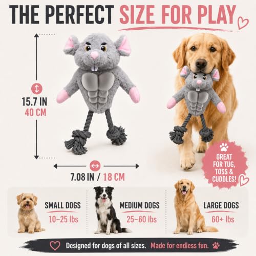Funny Muscle Mouse Dog Toy with Squeaky Rubber Chest & Rope Legs, Interactive Plush Toy for Medium to Large Dogs, Multi-Texture Toy for Tug, Toss & Supervised Play - color: Gray