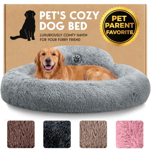PetJett Dog Beds Large Sized Dog - 36'' Calming Round Bed, Washable Dog Bed - Anti-Slip Super Soft Donut Bed, Fluffy Faux Fur Anti-Anxiety Premium Comfort Pet Bed, Fits Dogs up to 80 lbs - Bright Grey - color: Bright Grey, size: Large - 36”L x 36”W x 8”Th