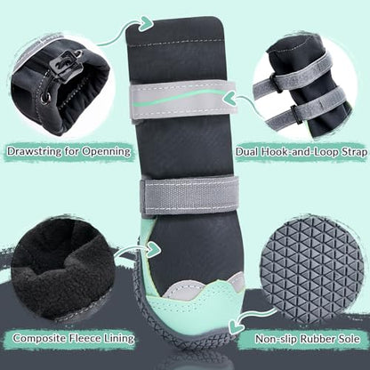 SlowTon Dog Shoes - Waterproof Dog Snow Boots for Winter, Warm Booties with Non-Slip Rubber Sole, Reflective Paw Protector for Large Small Medium Dogs Walking on Winter Cold Pavements Rain (Green, 8)
