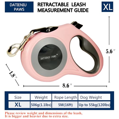 XL 16FT Retractable Dog Leash for Large Dog up to 120 lbs, Chew Proof Steel Wire Extender, One-Hand Brake & Lock, Tangle-Free Heavy Duty Walking Leash XL Pink - color: Pink