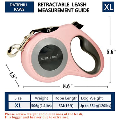 XL 16FT Retractable Dog Leash for Large Dog up to 120 lbs, Chew Proof Steel Wire Extender, One-Hand Brake & Lock, Tangle-Free Heavy Duty Walking Leash XL Pink - color: Pink