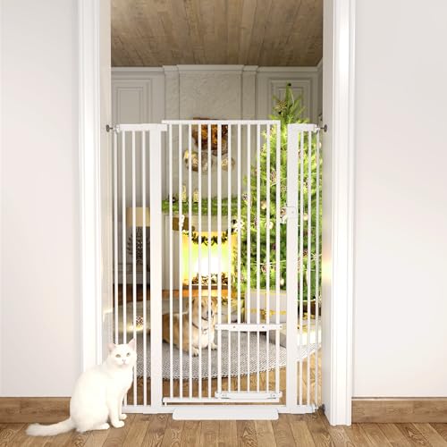 55.11" Extra Tall Cat Gate 29.5-40.6'' Wide Pet gate for Doorway Pet Gate with Cat Doors NO Drilling Pressure Mount Kit for Cats and Dogs Indoor Doorways liveing Room Bedroom-White - color: White, size: 29.5-40.6"W , 55.11"H