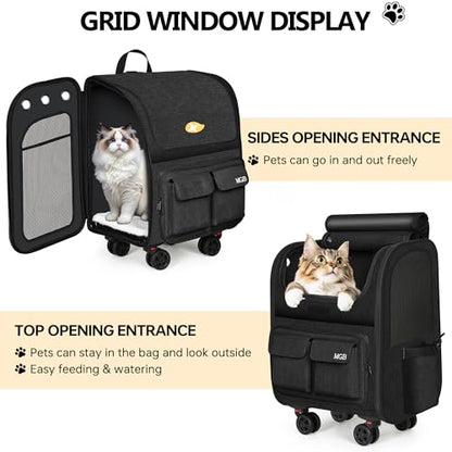 MGB Rolling Cat Carrier with Wheels: Dog Carrier for Small Dogs & Large Cats, Large Cat Carrier with YKK Zipper, Large Capacity, Breathable Mesh, Side Pocket, Black (Not for Airline) - color: Black