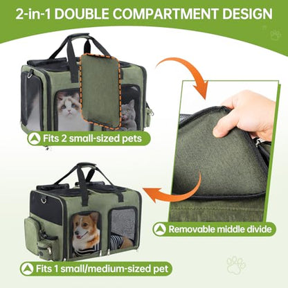 Cat Carrier for 2 Cats - Double Pet Carrier Extra Large, Dual Cabin Multi Cat Travel Carrier with Removable Divider, Collapsible, Can Hold 20 30 40 lbs for Two Small Kitten, Medium Dog Green - color: Green