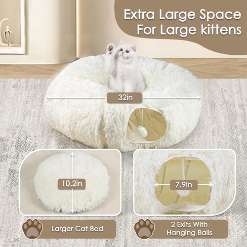 Cat Tunnel Bed for Indoor Cats, Peekaboo Cat Cave with Washable Soft Play Mat, Furry Cat Tube, for Kitten/Puppy/Rabbit, Beige - color: Beige