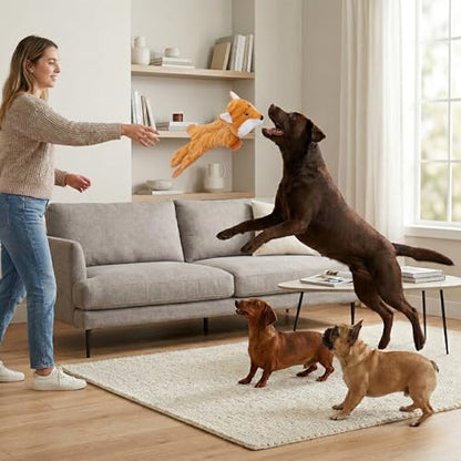 Fuzzl Freddy Fox Crinkle & Squeak Dog Toy – Low Stuffing Soft Plush Puppy Toy – Interactive Squeaky Dog Toy for Small to Medium Dogs – Crinkly Fox Toy for Shaking, Tossing & Snuggling - style: Freddy Fox