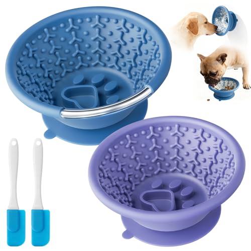 Dog Lick Bowl, Non-Slip Slow Feeder Licking Mat & Treat Dispenser (Wide Bowl Mouth w/Inlaid Stainless Steel Ring) - Interactive Toys, Anxiety Reducer, Freeze Bone for Dogs, BPA Free Silicone - color: Blue+Purple