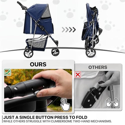 MoNiBloom 3 Wheels Pet Stroller, Foldable Dog Cat Cage Jogger Stroller with Weather Cover for All-Season, Storage Basket and Cup Holder, Breathable and Visible Mesh for Small/Medium Pets, Blue - color: Navy Blue