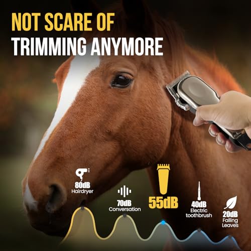 Horse Clippers Cordless Quiet, Professional Livestock Clippers with 4 Guide Guards, Electric Rechargeable Cordless Grooming Clippers for Horse, Cats and Dogs