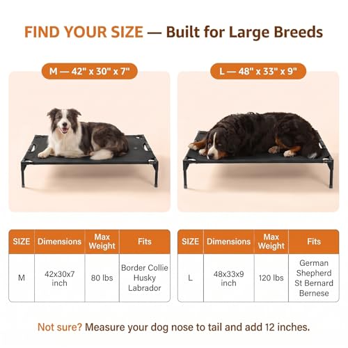 Petsfit Elevated Dog Bed for Large Dogs – Patented Anti-Sag Tension Bar, Cooling Raised Dog Cot for Outdoor/Camping/Indoor, Teslin Mesh, Non-Slip Frame, 48" - size: L-48"