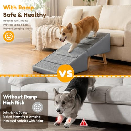 Dog Ramp for Small Dogs, 18.5" Extra Wide 3-in-1 Dog Stair with Foldable Ottoman & Hidden Storage Design, 15.7" H Safer Leather Pet Steps for Couch Sofa (Grey) - color: Grey