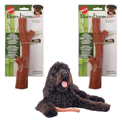 SPOT Bam-Bones Plus Branch -Bamboo Fiber & Nylon, Durable Long Lasting Dog Chew for Aggressive Chewers – Great Toy for Adult Dogs & Teething Puppies Under 90lbs, Non-Splintering, 9.5in, Beef Flavor - size: 9.5 inch (Pack of 2)
