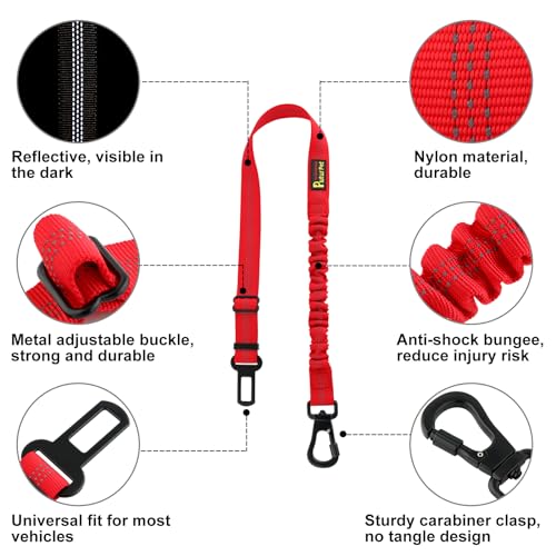 Plutus Pet Dog Seat Belt for Car, Adjustable Dog Car Harness with Carabiner Clip, Reflective Safety Dog Seatbelt Leash with Elastic Bungee, Red - color: Red