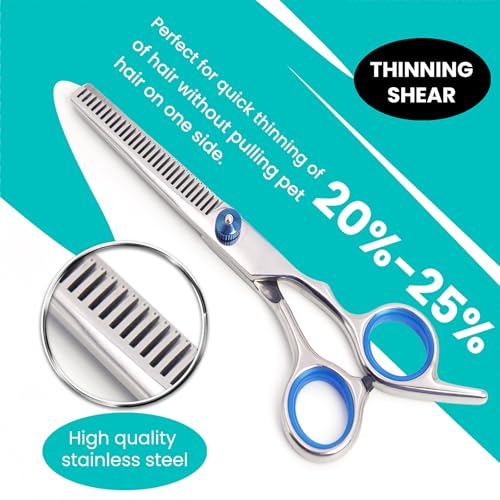 MEDUWEDU 7 in 1 Dog Grooming Scissors Set with Safety Round Head, Sharp and Durable, with Two Stainless Steel Combs, Pet Grooming Scissors for Cats and Dogs
