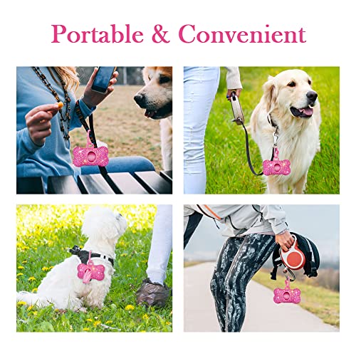 SAVORI Dog Poop Bag Holder Bling Crystal Dog Waste Bags Dispenser for Pet Dog Doggy with Carabiner Clip Includes 1 Roll 15 Bags (Hot Pink) - color: Hot Pink