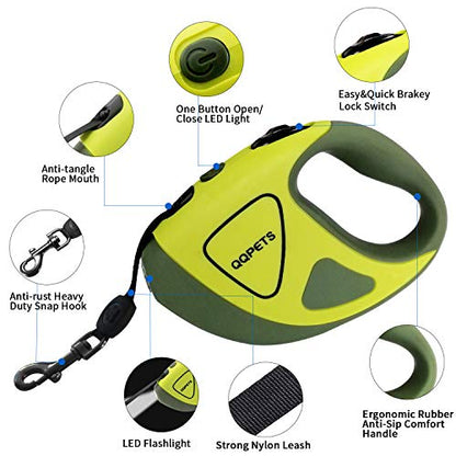 Retractable Dog Leash with LED Flashlight for Small Medium Big Breed Dogs, 10/16 ft Extendable Leash, Heavy Duty Nylon Cord Training Running (L (16 FT - up to 110lbs), Green)