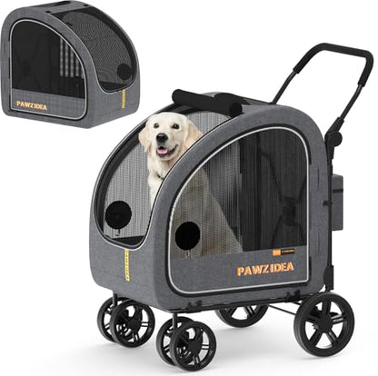 PAWZIDEA 3-in-1 Large Dog Stroller with Detachable Carrier up to 80lbs, Portable Dog Car Crate & Travel Kennel, Foldable Pet Stroller for 2 Medium Dogs, All-Terrain 9” Jogger Wheels, Adjustable Handle - color: Mid-Hemp Grey