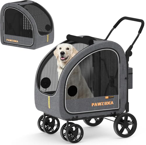 PAWZIDEA 3-in-1 Large Dog Stroller with Detachable Carrier up to 80lbs, Portable Dog Car Crate & Travel Kennel, Foldable Pet Stroller for 2 Medium Dogs, All-Terrain 9” Jogger Wheels, Adjustable Handle - color: Mid-Hemp Grey