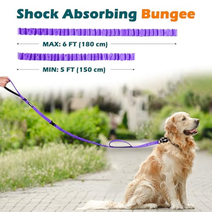 PetBonus Heavy Duty Tactical Dog Leash, 5 FT Bungee Shock Absorption Leash with 2 Padded Handles, Quick Release Metal Clip, Car Seatbelt, No Pull Training Lead for Large Medium Dogs（Purple） - color: Purple