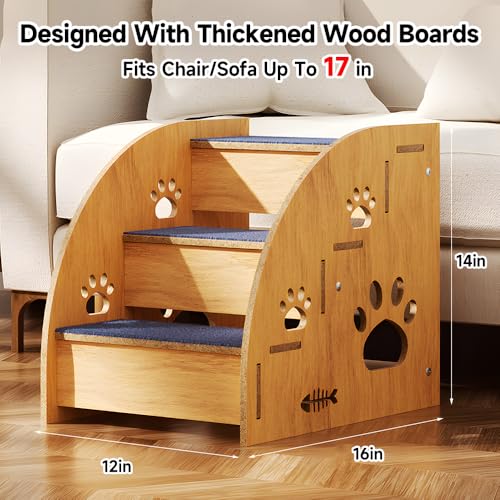 Pet Steps for Small Dogs,Wooden Cat Stairs for Old Cats,Doggy Dog Steps for Bed Couch Sofa Windows,3-Step Ladder, 16" L x 12" W x 14" H，Suitable for Height 14-17in