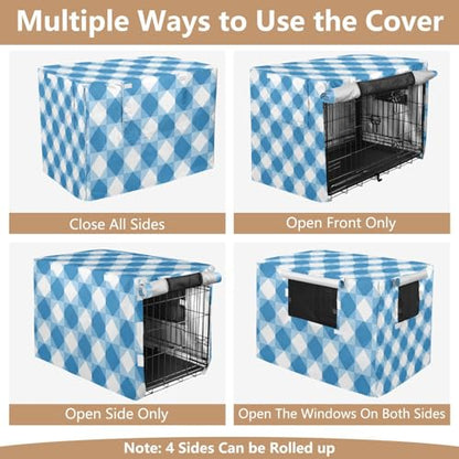 Bohemia Europe Gingham Pattern Blue Metal Dog Crate Cover Pets Kennel Covers Roller Shades - size: Medium