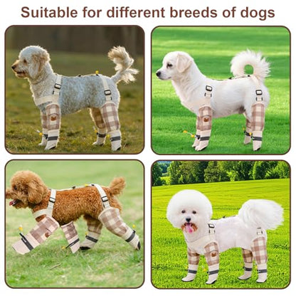Anti Dirt Pants for Small Dogs, Upgraded Adjustable Suspender Non-Slip Dog Shoes Dust-Proof Waterproof Full-Leg Paw Protectors Rain Boots for 8-15lbs Dogs Outdoor Walking & Hiking (Off White)