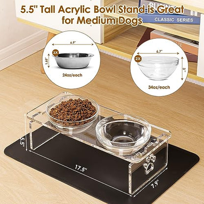 Elevated Dog Bowls for Medium Dogs – 5.5” Acrylic Raised Pet Feeder Stand with 2 Stainless Steel & 2 Glass Removable Bowls – Food & Water Dish Set - size: Medium Dogs-5.5" Height