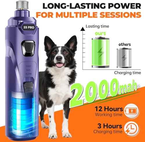Whisper Quiet Dog Nail Grinder with 4 LED Lights, Safe & Stress-Free for Sensitive Dogs Cats of All Breeds & Sizes, 3 Grinding Bits, 3-Speed, Pet Nail Trimmers, Rechargeable Painless Grooming Kit Blue - color: Blue