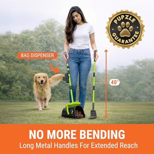 Pupzle Dog Pooper Scooper with Bag Attachment, 40" Long Handle Pooper Scooper for Large Dogs, Dog Poop Scoop for Yard, Large Capacity Swivel Bin and Rake, Lavender Scented Bags (Green) - color: Green