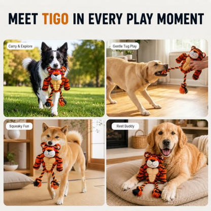 Tiger Rope & Plush Dog Toy with Squeaker, Interactive Tug Toy for Medium to Large Dogs, Multi-Texture Toy for Tug, Toss & Supervised Play - color: Tiger