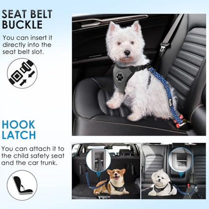 Lukovee Dog Seatbelt Leash for Cars, 2 Pack Pet Safety Car Seat Belt with Adjustable Buckle & Reflective Bungee, Connect Dog Harness in Vehicle Car Dogs Restraint Travel Daily Use (Blue Paw) - color: C-Blue Paw