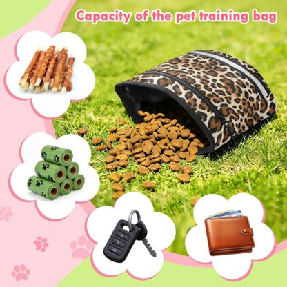 Leopard Spots Water-Resistant Dog Treat Pouch, 3 Ways to Wear Treat Bag with Magnetic Closure & Reflective Strip, Hands-Free for Pet Training, Walking